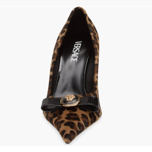 VERSACE Leopard Animal Print Genuine Calf Hair Leather Bow Pointed Toe Pumps - Picture 3 of 7